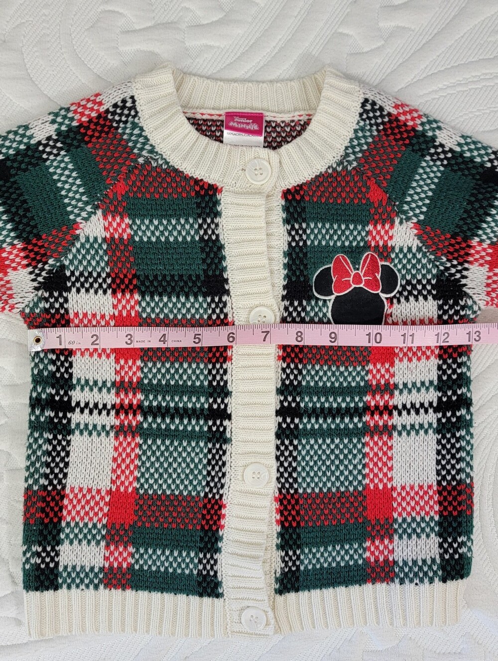 Disney Minnie Mouse Holiday Sweater 4T | Red Green Plaid Knit Christmas Cardigan - Picture 8 of 9